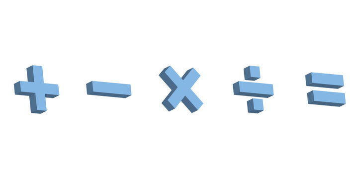 Five 3d colorful math symbols. Plus, minus, multiplication, divide and equal symbol. Scientific resources for teachers and students. Vector illustration isolated on white background.