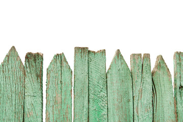 Old wooden fence with old cracked paint on white background. Blank for designer, clipping outline....