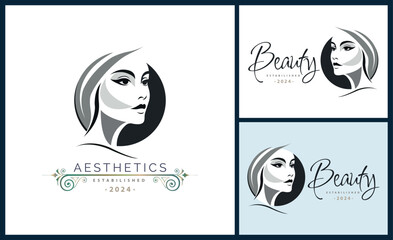 woman face head beauty aesthetics salon spa logo template design for brand or company
