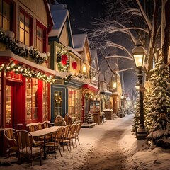 Snowy winter street in Boston, Massachusetts, USA. Night view.