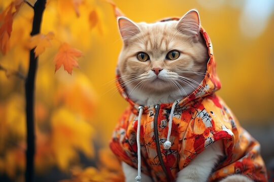 Close up of cute cat wearing dress in outfits according to the seasons. The animal concept of sleeping and adorable.