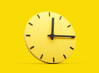 3d Yellow Round Wall Clock 12:15 Twelve Fifteen Quarter Past 12 On Yellow Background 3d illustration