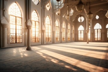 Sunlit mosque interior with ornate windows during Ramadan