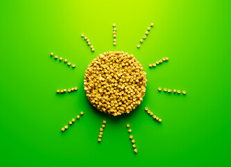 3d Unique Sun With Rays Made Of Yellow Plastic Polymers On Bright Green Background 3d Illustration