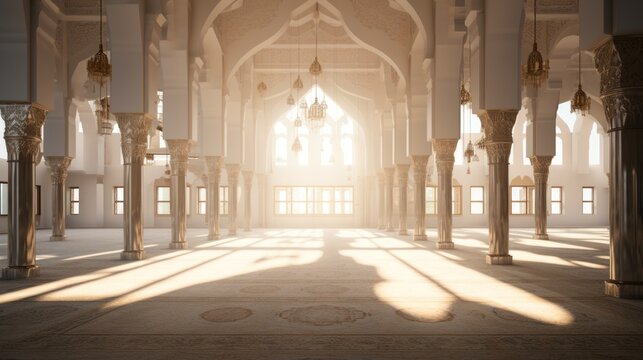 Sunlit mosque interior with ornate windows during Ramadan