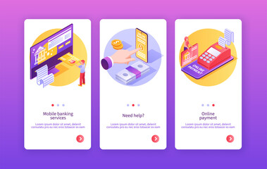 Isometric mobile and digital banking services app design template set