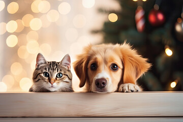 Fototapeta na wymiar A cat and a dog peeking out from behind a wooden board. Cute puppy and kitten with a defocused Christmas background, cozy atmosphere. Christmas promotional banner for pet shop or vet clinic.