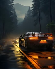 Car driving on the road through the foggy forest. 3D rendering