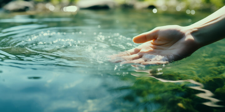 A hand touching the surface of pure green water of the river in nature on a sunny day, symbolic and ecological gesture for conservation of natural resources and preservation of the environment