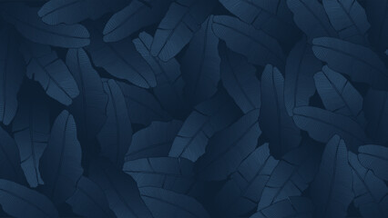 Dark blue botanical vector background with banana leaves. Botanical card, poster, banner, cover, wallpaper