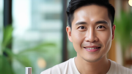 young handsome man with cosmatic skincare bottle