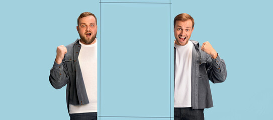 Creative collage. Young man in body of overweight and thin character stands behind blue frame with...