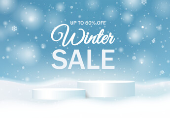 Winter Sale Banner And White Podium And Snowflake