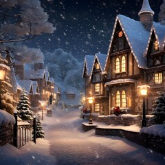 Christmas and New Year background. Winter village at night with Christmas decorations.