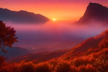 Papier Peint photo Lavable Rouge violet A panoramic shot of an alien planet's sky filled with the warm colors of an autumn sunrise, casting a magical light on the lushill-style landscape below.