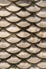 Up-close wall designed to resemble fish scales, gleaming under vibrant sunlight. Concrete texture mimicking intricate patterns of fish scales, accentuated by bold shadows. Perfect as photo backdrop
