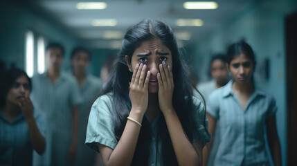 young indian college girl crying at college corridor - obrazy, fototapety, plakaty