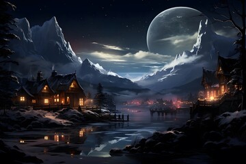 Night landscape with old wooden houses, lake, moon and stars.