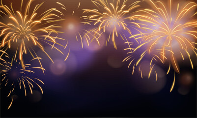 Realistic shiny golden fireworks on dark background to celebrate a festive day