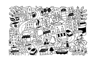 Fototapeta premium Coffee trendy mixed doodle. Cup of coffee and desert. Morning road. Black and white. Contemporary poster. Editable outline stroke. Vector line.