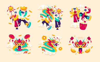 Fototapeta premium Flat cartoon Chinese new year set