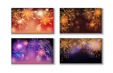 Realistic shiny colorful and golden fireworks cards collection