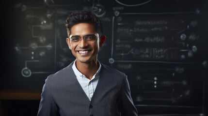 young indian male scientist standing front of blackboard