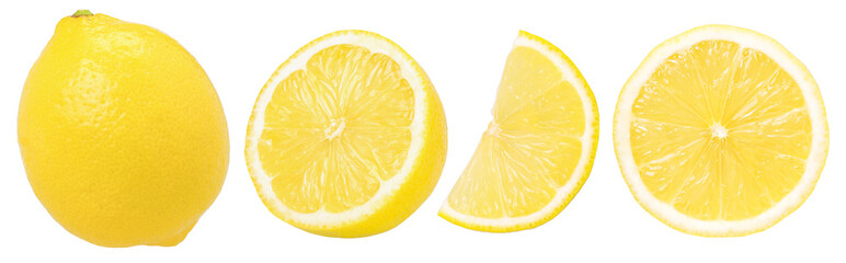 ripe lemon fruit, half and slice lemon isolated, Fresh and Juicy Lemon, transparent PNG, collection - obrazy, fototapety, plakaty