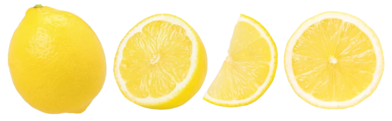 Foto op Plexiglas ripe lemon fruit, half and slice lemon isolated, Fresh and Juicy Lemon, transparent PNG, collection © natthapol