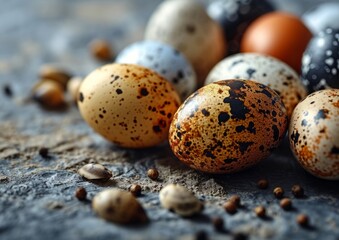 Quail eggs with golden, Easter banner, Ai generated
