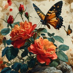 Vintage floral design with butterfly, AI generated