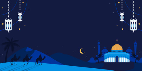 Fototapeta premium Hand drawn flat Isra Miraj background with arab elements and blank space