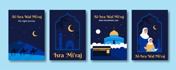 Hand drawn flat Isra Miraj cards collection with the night journey