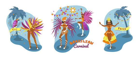 Hand drawn flat brazilian carnival mini illustration set with dancer women wearing feather costumes - obrazy, fototapety, plakaty
