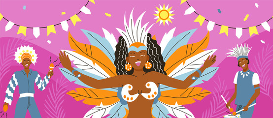 Hand drawn flat brazilian carnival background with a dancer woman wearing a feather costume