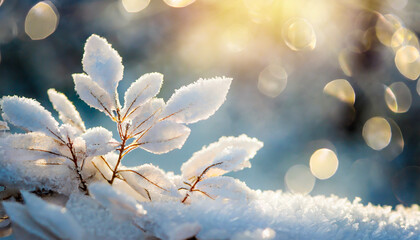 Beautiful winter background with close up frosted leaves and morning sunlight