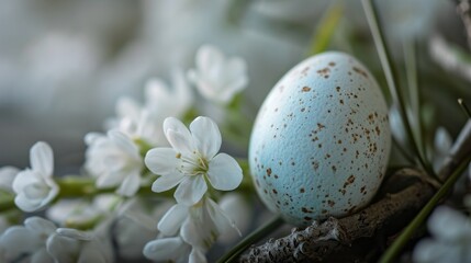Easter painted eggs on the grass, surrounded with flowers. Banner with Easter eggs. Festive Happy Easter concept for greeting card