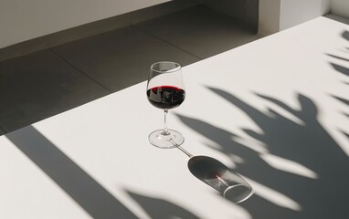 Sundrenched wineglass with red wine on the white table. Minimalistic concept.