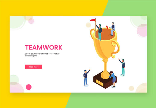 Teamwork Concept Based Landing Page Design with Business People Cheering Colleague to Achieve the Goal.