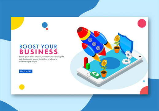 Boost Your Business Landing Page Design with Isometric Launching Rocket on Smartphone Screen.