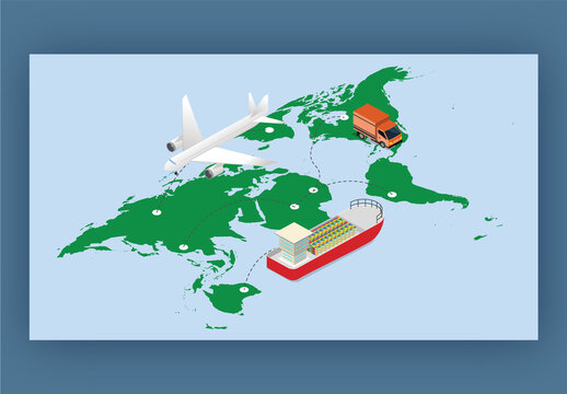 Responsive Web Banner or Landing Page Design with Airplane, Cargo Ship, Truck Tracking Destination Point at World Map.