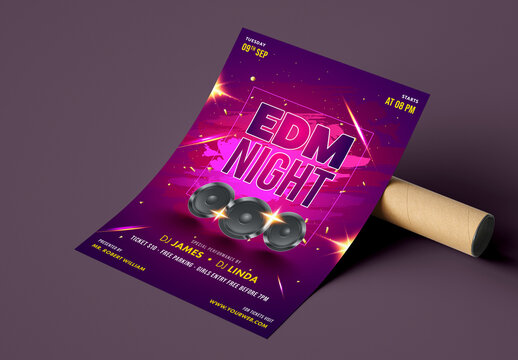 EDM (Electronic Dance Music) Night Party Flyer Design with Woofers in Abstract Purple Color.