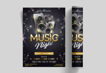 Music Night Party Flyer Layout in Black Color with Lights Effect and 3D Speakers.