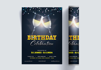 Birthday Party Flyer, Invitation Card Template Layout with Cheers Drink Glasses and Event Details.
