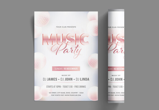 Music Party Flyer, Invitation Card Decorated with Shiny Balls and Event Details.