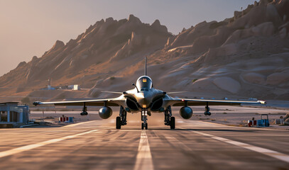 Avion de chasse prêt au décollage, vu de face sur une piste dans un désert