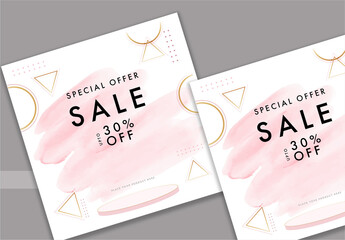 Social Media Sale Post or Template Design with Pink Watercolor Brush Effect.