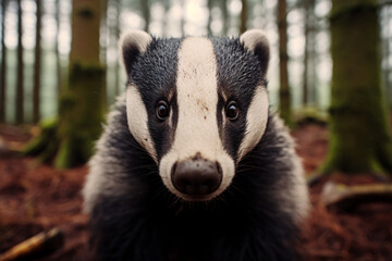 Curious wild badger in forest