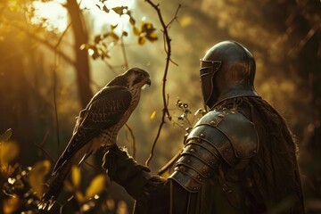 A knight and a falconer in a forest, with the knight admiring the falcon on the falconer's arm, symbolizing the bond between man and nature. - obrazy, fototapety, plakaty