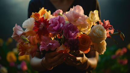 Expressive Blooms: Elegant Hands Holding Colorful Flowers